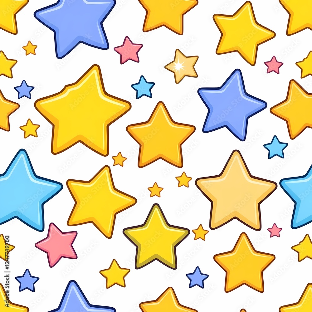 Starry Sky Pattern: A cheerful, seamless pattern featuring a variety of colorful stars in yellow, blue, and pink hues. Perfect for children's products or whimsical designs. Starry Sky Pattern: A cheerful, seamless pattern featuring a variety of colorful stars in yellow, blue, and pink hues. Perfect for children's products or whimsical designs.