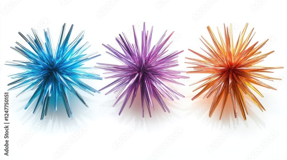 Obraz premium Three vibrant, spiky, abstract spheres in blue, purple, and orange, arranged in a row on a white background.