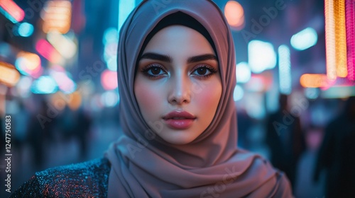 Cyber hijab fashion: sleek, glowing neon edges, with modern, high-tech design. A futuristic Muslim woman poses in a neon-lit cityscape.
