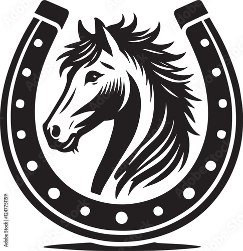 horse head silhouette, black Horse head logo, horse head illustration, Horse head in horseshoe silhouette vector black and white