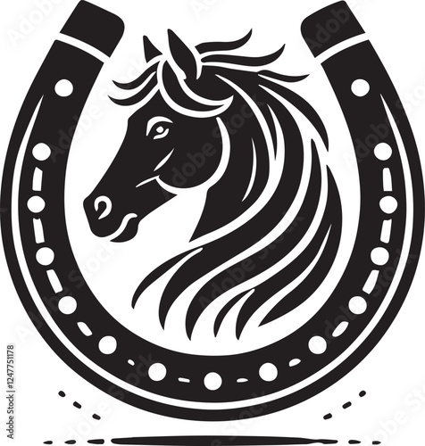 horse head silhouette, black Horse head logo, horse head illustration, Horse head in horseshoe silhouette vector black and white