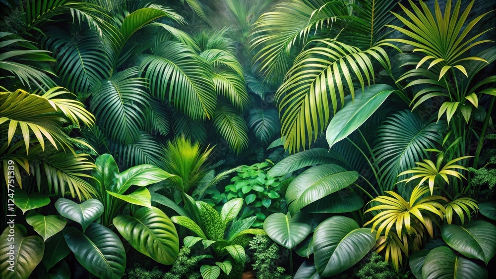 Lush Tropical Foliage A Vibrant Display of Verdant Leaves and Exotic Plants in a Dense Jungle Setting
