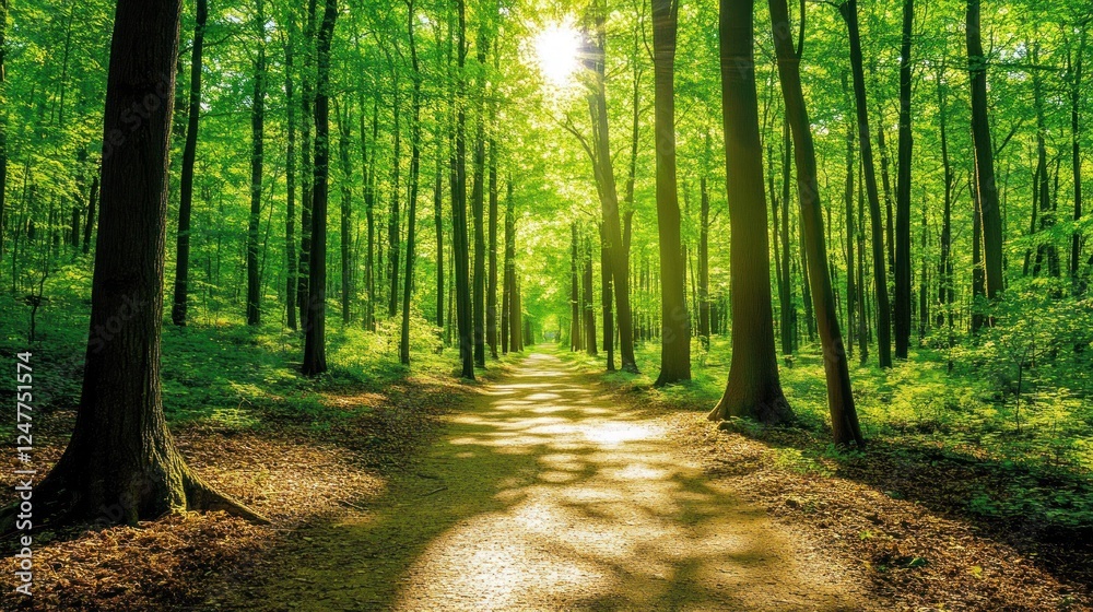 Naklejka premium Sunlit Path Through a Lush Green Forest