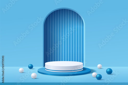 Empty 3d white and blue round podium with abstract geometric shape arch style background