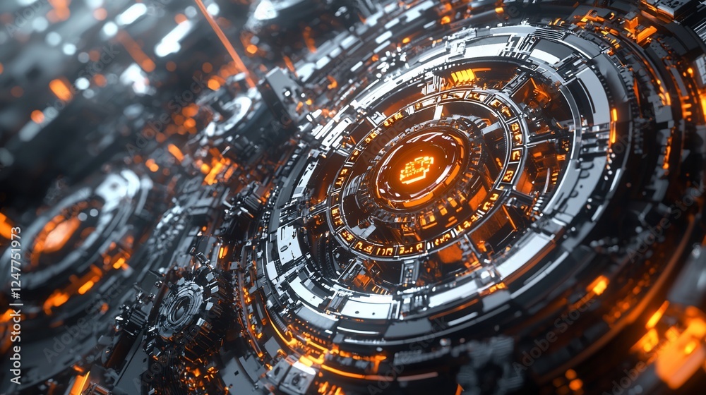 Fototapeta premium Abstract digital art of futuristic circular mechanism with glowing orange core.