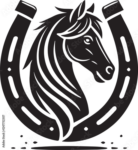 horse head silhouette, black Horse head logo, horse head illustration, Horse head in horseshoe silhouette vector black and white