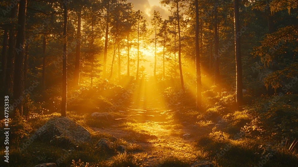 Fototapeta premium Golden Sunlight Path Through Pine Forest