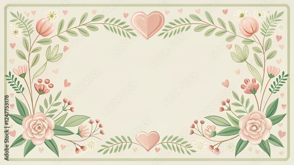 Elegant Floral Frame with Delicate Hearts and Pastel Blossoms, Perfect for Romantic Announcements or Invitations Elegant Floral Frame with Delicate Hearts and Pastel Blossoms, Perfect for Romantic Announcements or Invitations