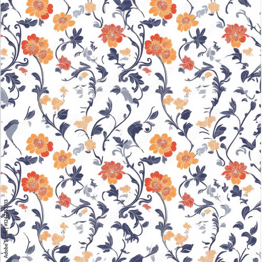 Floral pattern with orange and blue flowers on white background