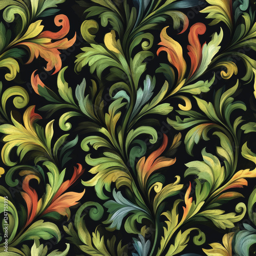 Wallpaper Mural Seamless pattern with colorful swirling leaves on black Torontodigital.ca