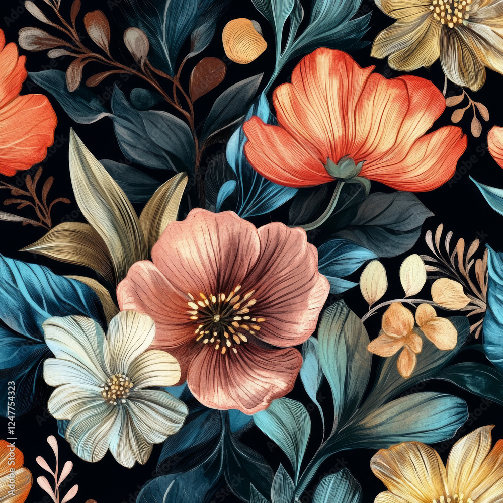 custom made wallpaper toronto digitalVibrant floral pattern with colorful flowers and leaves