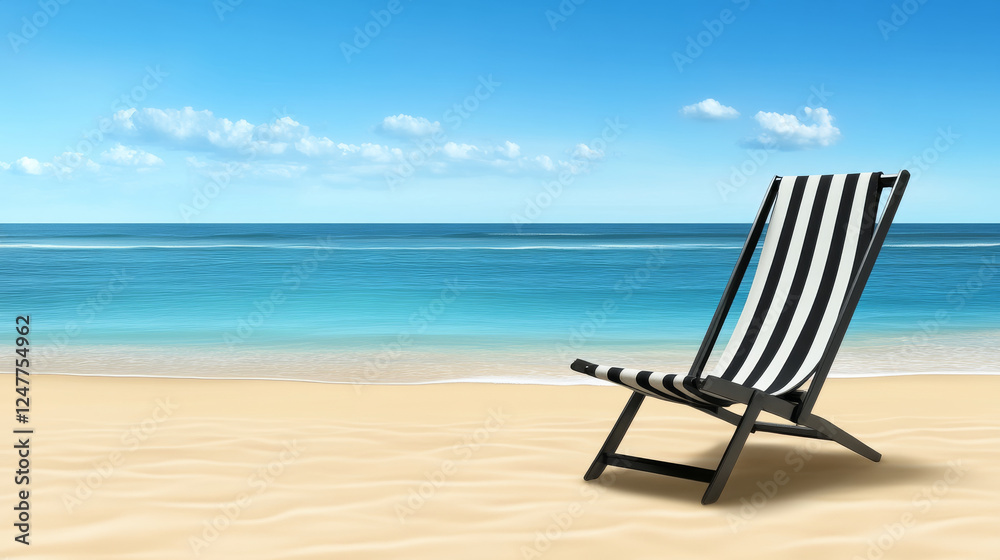 Striped deck chair on sunny beach with blue ocean Striped deck chair on sunny beach with blue ocean