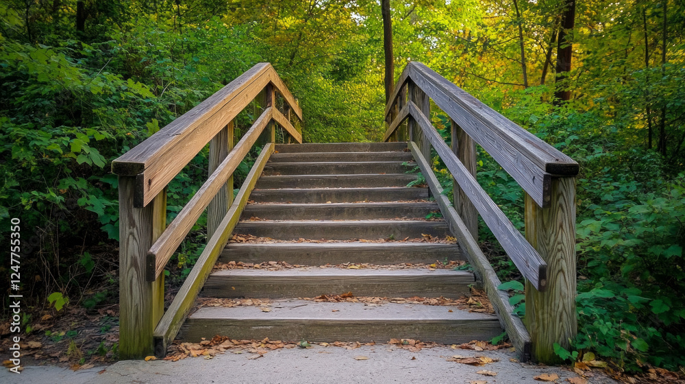 A wooden staircase leading up to a bridge A wooden staircase leading up to a bridge