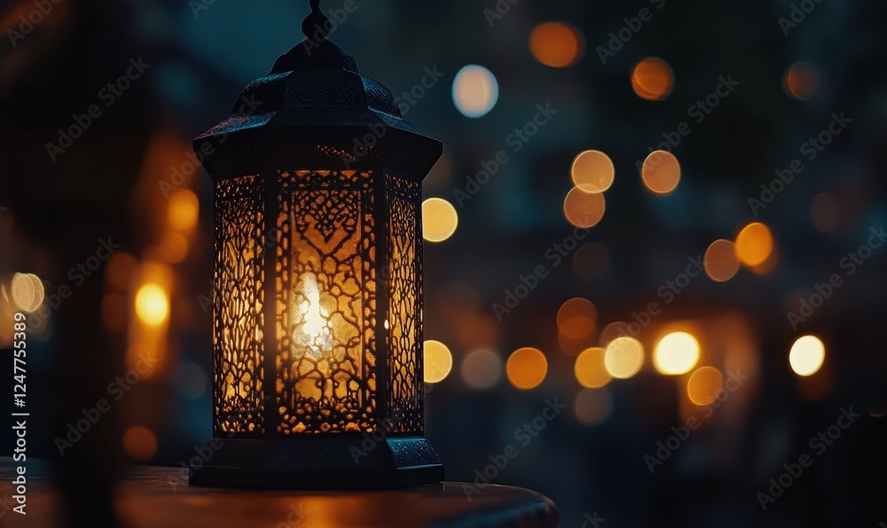Illuminated lantern at night with bokeh lights. Illuminated lantern at night with bokeh lights.