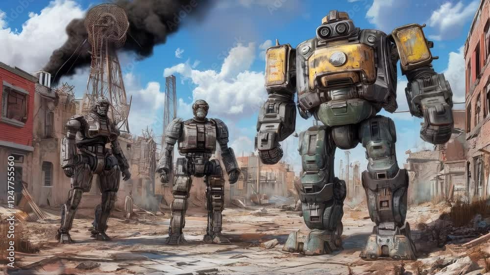Post-Apocalyptic Robots in a Desolate Cityscape Post-Apocalyptic Robots in a Desolate Cityscape
