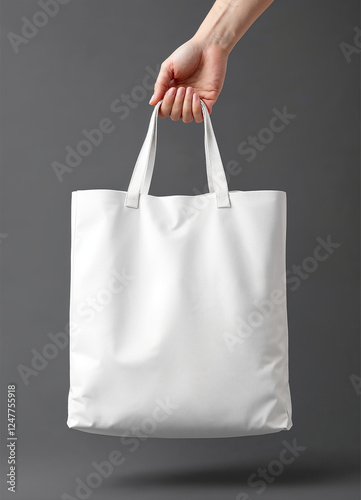 Hand holding a blank white tote bag on a dark background, eco-friendly reusable fabric shopping bag for branding and advertising.