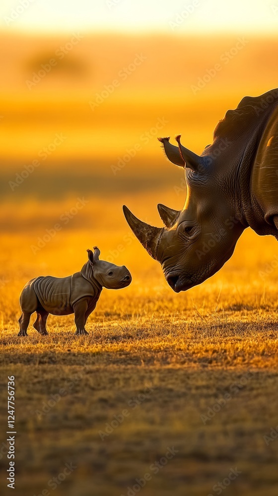 Fototapeta premium In a quiet clearing on the savanna, where a warm golden sunset bathed mother and baby rhinos in a soft glow, the savanna was now calm and serene. Realistic, warm, emotional