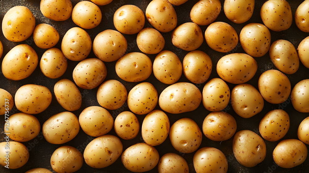 Baby potatoes. Fresh, washed, raw young farm potatoes close-up, top view of a group of many potatoes, background image with copy space. Studio photo from advertising. Baby potatoes. Fresh, washed, raw young farm potatoes close-up, top view of a group of many potatoes, background image with copy space. Studio photo from advertising.