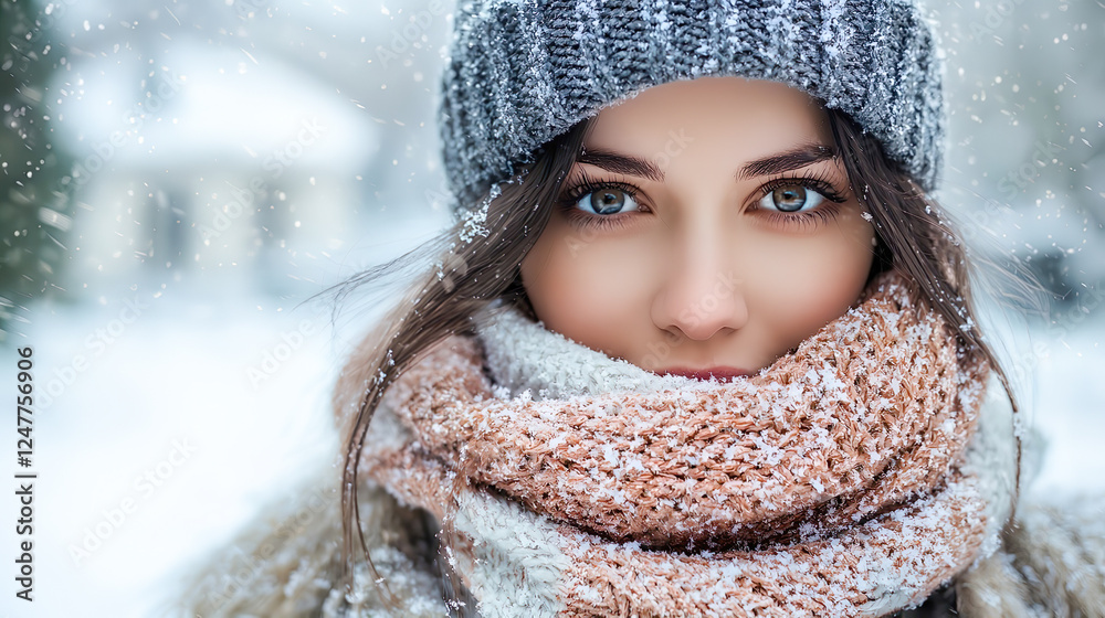雪が降る外で毛糸の帽子とマフラーで防寒する若い女性 雪が降る外で毛糸の帽子とマフラーで防寒する若い女性