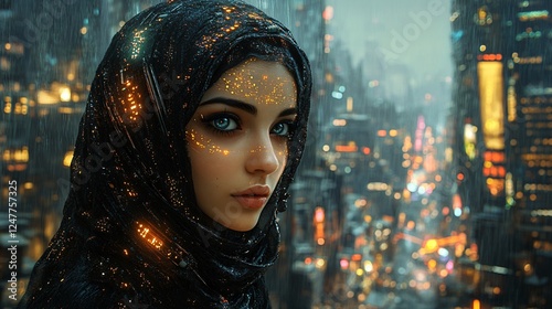 Muslim woman with a cyberpunk-inspired neon hijab in a futuristic city. Digital rain falls over glowing buildings, creating a sci-fi atmosphere.