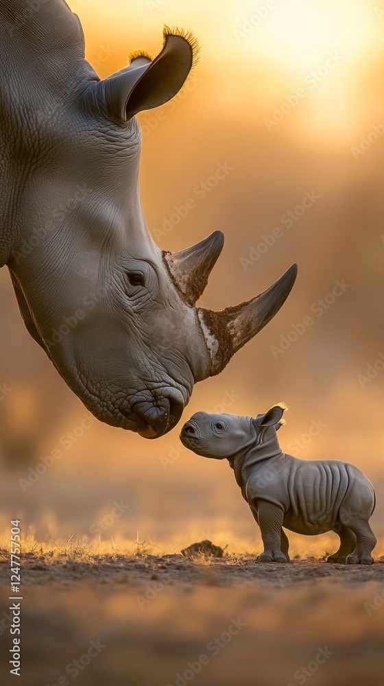 Fototapeta premium In a quiet clearing on the savanna, where a warm golden sunset bathed mother and baby rhinos in a soft glow, the savanna was now calm and serene. Realistic, warm, emotional
