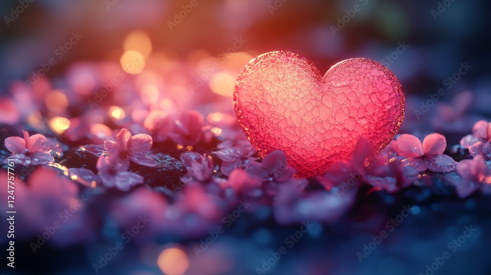 Realistic Love Heart on Flower Background with Soft Bokeh Effect Realistic Love Heart on Flower Background with Soft Bokeh Effect
