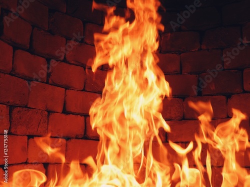 Brick wall fireplace flame texture