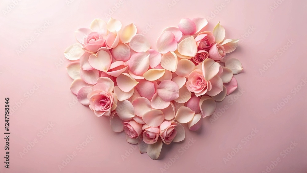Heart-Shaped Arrangement of Delicate Pink Rose Petals and Blossoms on a Soft Pink Background Heart-Shaped Arrangement of Delicate Pink Rose Petals and Blossoms on a Soft Pink Background