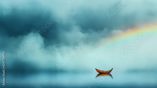 Solitary Boat on Calm Waters Under a Dramatic Sky with Rainbow AI Generated