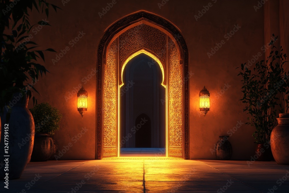 Fototapeta premium Illuminated arched doorway in a Moroccan-style building at night.