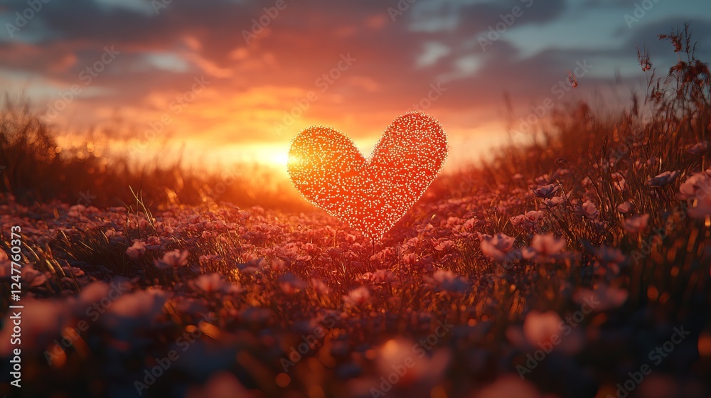 Fototapeta premium Realistic Heart Sculpture with Sunset Background in a Flower Field