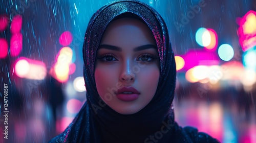 Young woman in a futuristic hijab with neon details, standing in a cyberpunk city. Digital rain falls as neon lights reflect off skyscrapers.