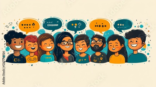 International Mother Language Day Celebration – A diverse group of people speaking different languages, with speech bubbles showcasing various scripts and alphabets