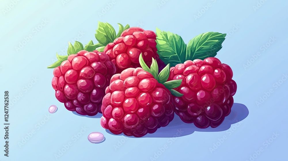 Close-up of four ripe raspberries with green leaves and water droplets on a light blue background. Close-up of four ripe raspberries with green leaves and water droplets on a light blue background.