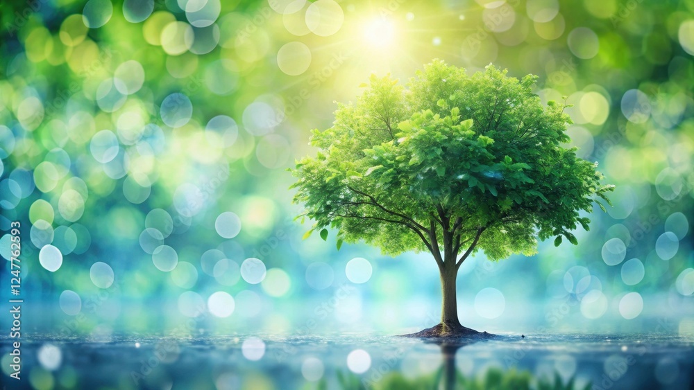 Serene Springtime Tree Reflecting in a Tranquil Pool of Water, Bathed in the Warm Glow of Sunlight Serene Springtime Tree Reflecting in a Tranquil Pool of Water, Bathed in the Warm Glow of Sunlight