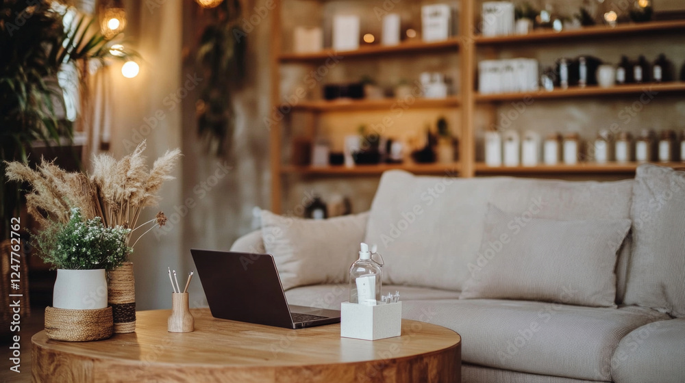 A laptop is on a table next to a bottle of hand sanitizer A laptop is on a table next to a bottle of hand sanitizer