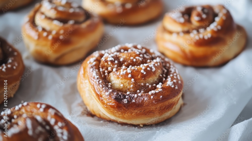 Delicious homemade cinnamon buns with pearl sugar on baking paper Delicious homemade cinnamon buns with pearl sugar on baking paper