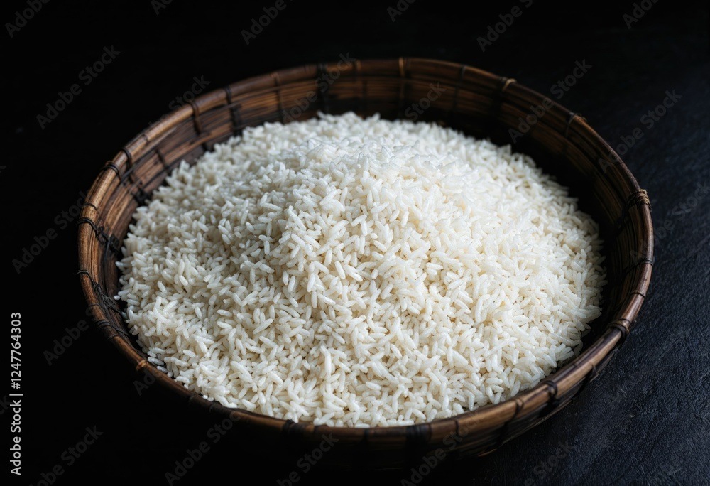 sticky rice in bamboo basket put on dark floor sticky rice in bamboo basket put on dark floor