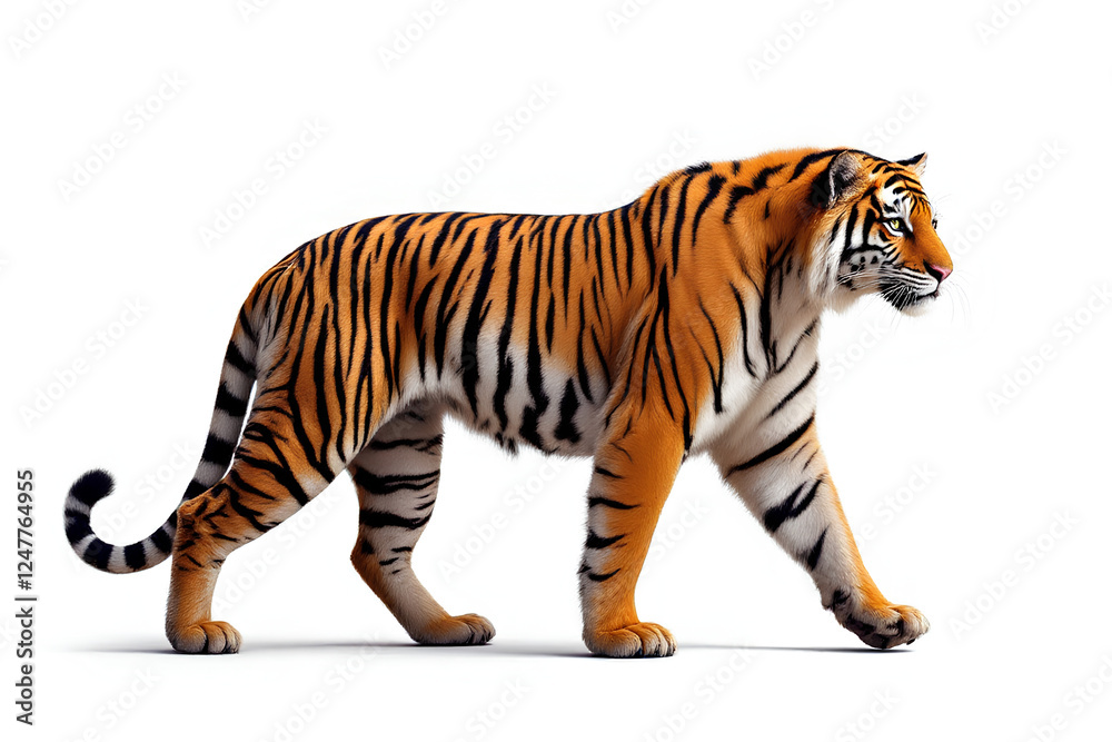 Obraz premium Majestic Bengal Tiger walking gracefully isolated on a white background representing the beauty of wildlife for World Wildlife Day