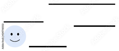happy face in a blue circle with horizontal black lines. Ideal for communication, positivity, interaction, connection, simplicity, minimalism, abstract line flat metaphor