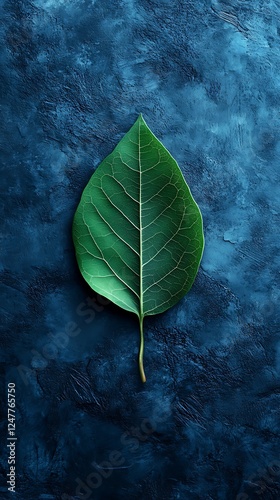 Single vibrant leaf on textured dark blue surface photo