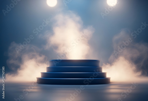 rendered background 3d illustration podium spotlight blue smoke studio light empty dais stage level up high scene concert top from night lighted illuminated three-dimensional spot show dark shiny