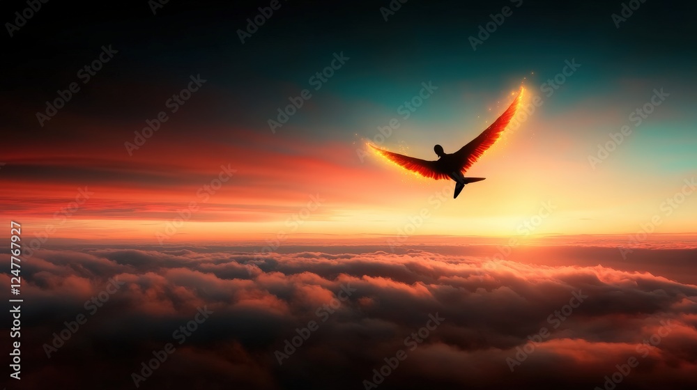 Fototapeta premium A beautiful bird spreads its wings serenely against a vibrant sunrise, capturing a moment of freedom and the awe-inspiring beauty found in nature's daily renewal and transformation.