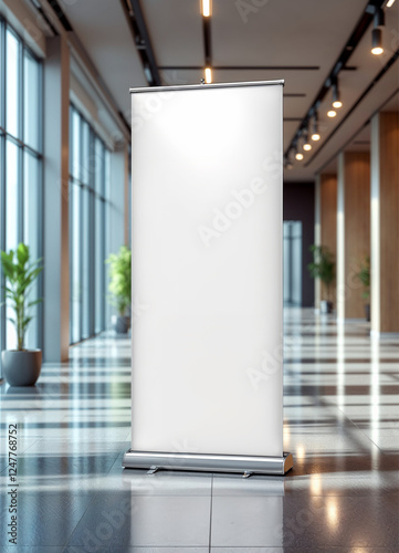 Freestanding blank banner stand in a modern corporate lobby, ideal for advertising, branding, and business event promotions.