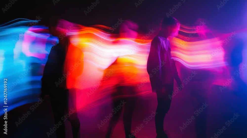 Obraz premium Abstract Motion Blur of Silhouetted Figures with Colorful Lights