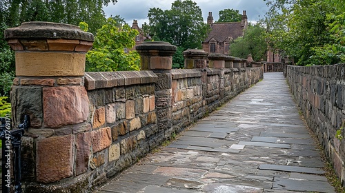 Stone walkway, historical England, overcast day, houses photo