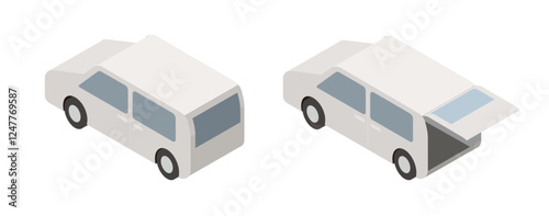白いワゴン車のアイソメトリックイラスト、車の荷台のアイソメ