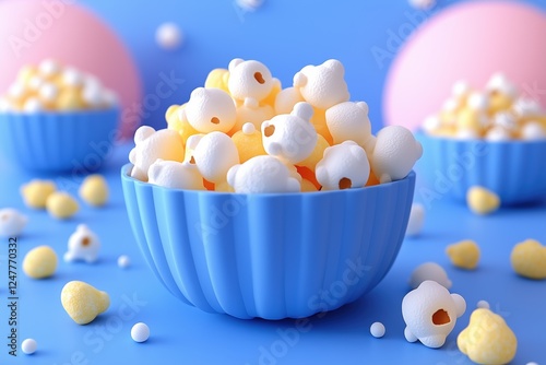 A vibrant blue bowl filled with colorful popcorn, surrounded by scattered popcorn pieces on a blue background. Soft pastel spheres in pink and yellow add a playful touch.  photo