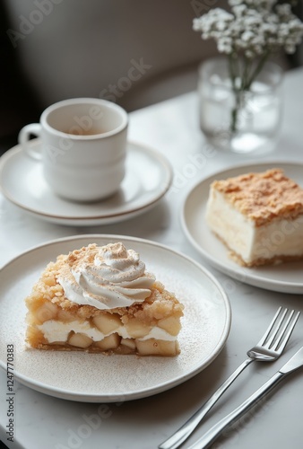Wallpaper Mural Delicious dessert display featuring cream topped pie slice with fresh fruit and cake, accompanied by tea cup and delicate floral arrangement on table Torontodigital.ca