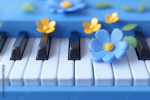 A close-up view of a piano keyboard adorned with colorful flowers. The piano is painted blue, and the flowers include blue and yellow petals, adding a vibrant touch to the musical instrument.  photo